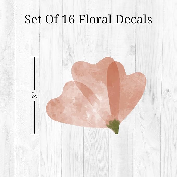 Watercolor Flower Wall Decals - Set of 16 Vinyl Flower Room Decor Peel and Stick Removable Floral Stickers for Nursery Bedroom Bathroom