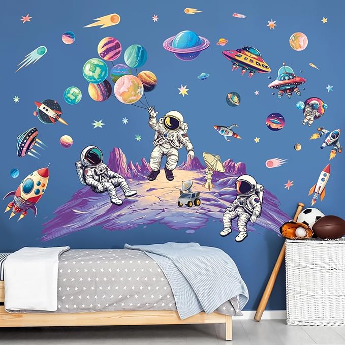 SHUCHING Outer Space Astronaut Wall Sticker Peel and Stick, Vinyl Planet Rocket Wall Decal, Wall Decor Art for Baby Kids Bedroom Nursery Playroom