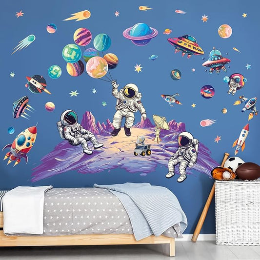 SHUCHING Outer Space Astronaut Wall Sticker Peel and Stick, Vinyl Planet Rocket Wall Decal, Wall Decor Art for Baby Kids Bedroom Nursery Playroom