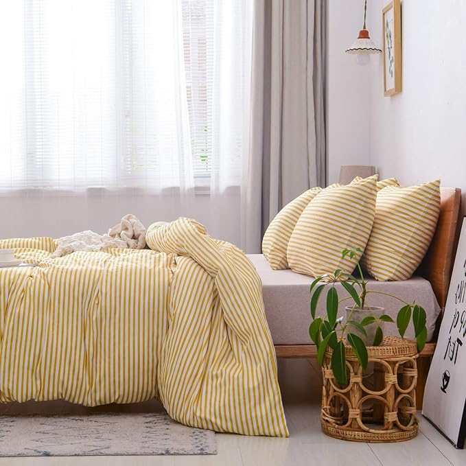 JELLYMONI 100% Natural Cotton 3pcs Striped Duvet Cover Sets,White Duvet Cover with Yellow Stripes Pattern Printed Comforter Cover,with Zipper Closure & Corner Ties(Cal King Size)