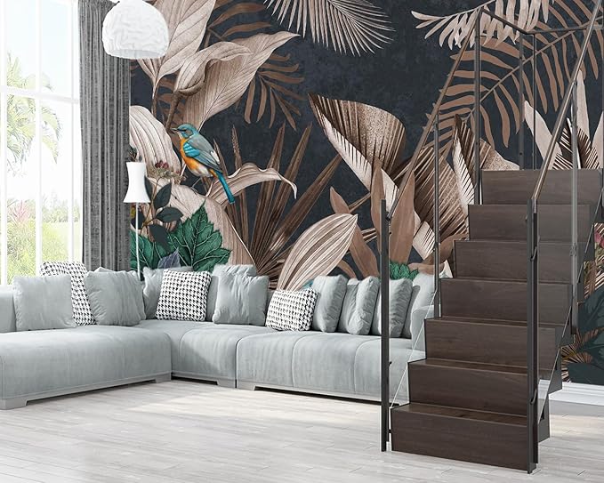 XMPMBM-Tropical Rainforest Plant Banana Leaf Fabric Wallpaper Botanical Leaf Birds Bedroom Bathroom Wall Mural-W 132" X H 92"（93 Square Foot）