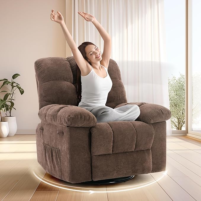 Swivel Recliner Chair, Upholstered Fabric Comfy Rocking Chair, Sturdy Q235 Steel Frame Nursery Glider, 300 LBS Capacity, for Small Spaces, Living Room, Bedroom, Brown