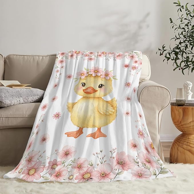 Duck Blanket Cute Duck Flower Throw Blanket Soft Cozy Fleece Fuzzy Plush Warm Stuff Bedding Nursery Toddler Baby Blankets Gifts for Boys Girls Kids Adult Men Women 60"X80"