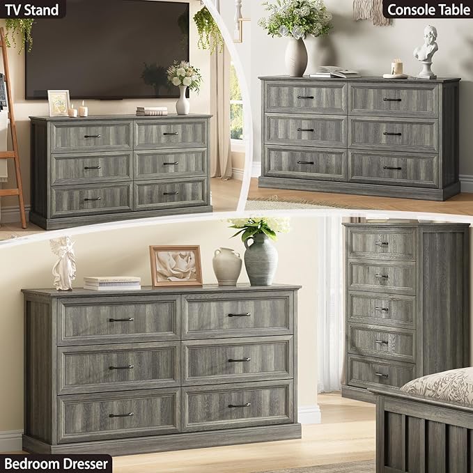CARPETNAL Farmhouse 6 Drawer Dresser for Bedroom, 55 Inch Wide Modern Grey Dresser TV Stand with Large Drawers & Bar Handles, Rustic Wood Chest of Drawers for Bedroom, Living Room, Hallway, Entryway.