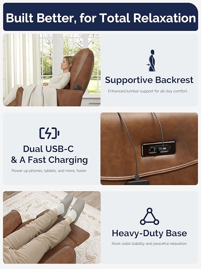 KINGYES Swivel Power Recliner, Glider Rocking Chair for Nursery, 270° Swivel Nursery Rocking Chair, Bluetooth Speaker & USB-C Port, Faux Leather Single Recliner Sofa for Breastfeeding, Brown