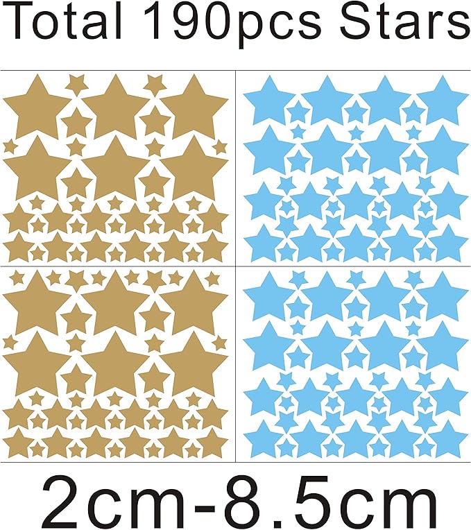 190 Pices Star Wall Decals, Matte Vinyl, Easy to Use, Removable for Kids' Bedroom, Home Decor Wall Stickers Y17 (Ice Blue, Matte Gold)