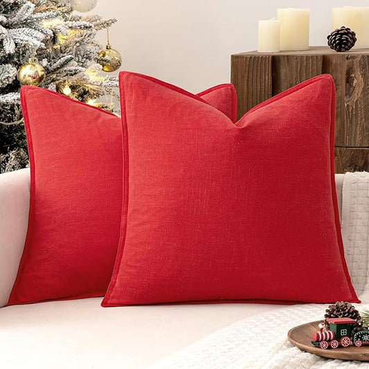 MIULEE Christmas Decorative Linen Pillow Covers 16x16 Inch Red Boho Farmhouse Neutral Couch Throw Pillows for Bed Pack of 2 Accent Modern Pillowcase Sofa Livingroom Home Decor