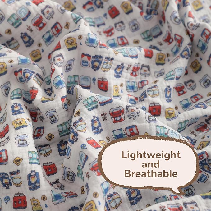 NTBAY 2 Layer Muslin Cotton Baby Swaddle Blanket, 30x40 Soft and Breathable Receiving for Newborns and Infants, Perfect for Crib, Stroller, Travel, Lightweight Nursery Blanket, Cartoon Train