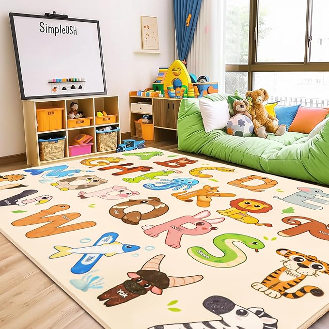 Kids Rugs for Playroom, 8x10 Feet Educational Rug for Learn The ABC Alphabet, Soft Machine Washable Non-Slip Cute Animal Carpet for Classroom Toddler Nursery Kids Room Decor Mat, Beige
