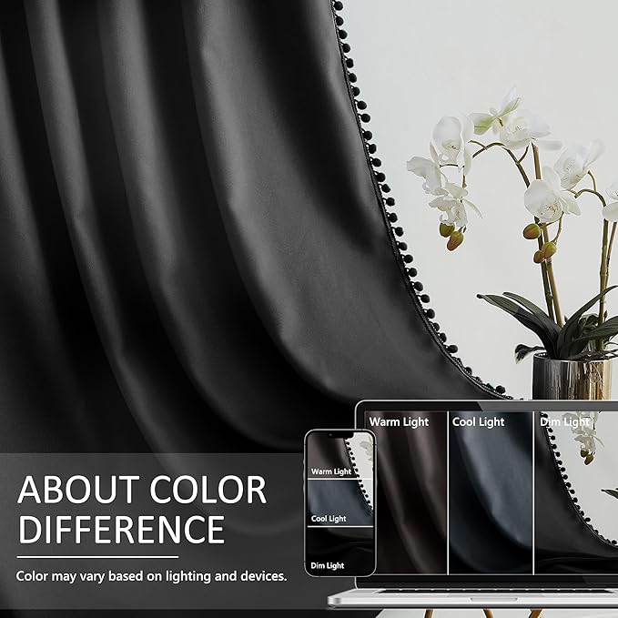 Treatmentex Pom Pom Black Blackout Curtains for Bedroom 63 inch Long Thermal Insulated 100 Full Blackout Window Panels for Living Room Drapes Nursery Kids Guest Room 52" w x2 Panels Rod Pocket