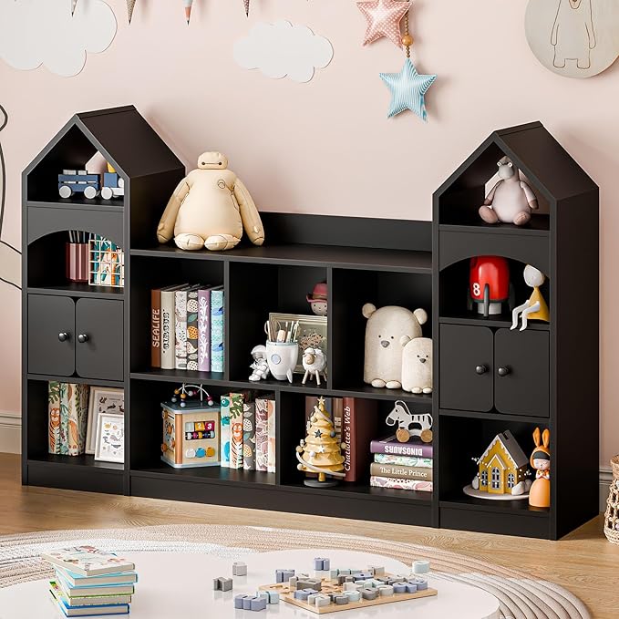 Vabches Castle Shape Children's Bookshelf, Kids Bookcase Display Case Kids Toy Storage Organizer Multifunctional Storage Cabinet Bookshelf Suitable for Playroom, Children's Room, Living Room, Black