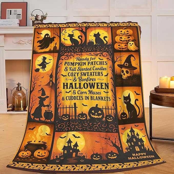 Halloween Blanket Gothic Witch Throw Blanket Pumpkin Soft Cozy Fleece Black Cat Fuzzy Stuffed Plush Ghost Skull Flannel Gifts for Girls Women Boys Kids Adults 40''x50''