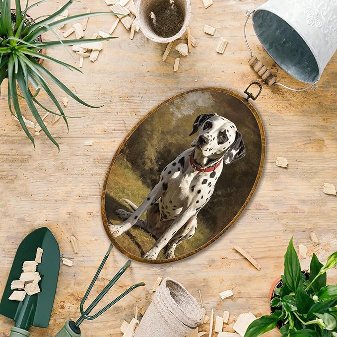 Hiuwevt Vintage Dalmatian Dog Oval Wall Art Decor, Antique Dog Gifts Framed Canvas Prints, Rustic Retro Dalmatian Oval Wall Hanging Decor for Home Gallery Decorations, 8.6x11.4 Inches