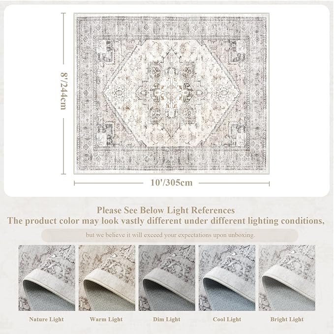 LIVEBOX Washable Area Rug 8x10 - Large Taupe Vintage Tribal Living Room Rug Oriental for Bedroom, Non-Slip Retro Medallion Carpet Print Distressed for Dining Room Guest Office