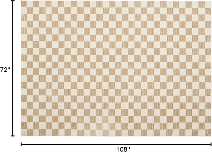 Revival Rugs Gambit 6'7"x9' Checkered Rug Washable Area Rug for Living Room Bedroom - 100% Recycled Oeko-TEX Certified, Medium Pile, Camel, Beige