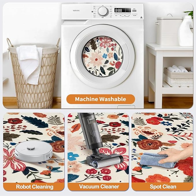 Tangsoo 2x3 Small Area Rug for Entryway, Non Slip Machine Washable Boho Floral Entry Rug, Soft Low Pile Throw Rugs Door Mat Indoor Entrance Floor Carpet for Bedroom Kitchen Bathroom, Kids Room(Beige)