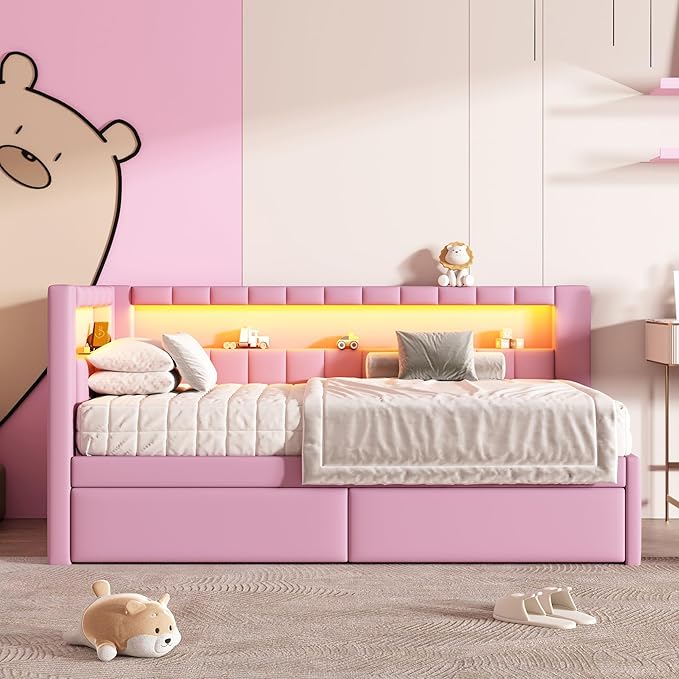 Twin Size Soft Daybed with Storage Drawers, Shelves and LED Belt, Linen Upholstered Corner Bed with L-Shaped Bookshelf Headboard and USB Charger for Kids Boys Girls, Pink