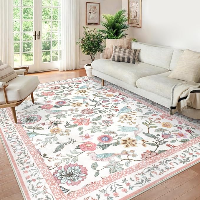 Floral Washable 8x10 Area Rug for Living Room, Soft Pink Large Girls Bedroom Rug, Non-Slip Low Pile Flower Birds Dining Room Rug, Botanical Floor Carpet for Kids Classroom Office