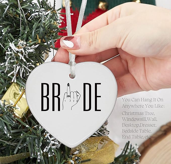Heart Shaped Christmas Ornament-Engagement Gift for Bride to Be-Bridal Shower or Bachelorette Party Present for Future Mrs Fiance Newly Engaged Woman-Wedding Ceramic Ornament Decor