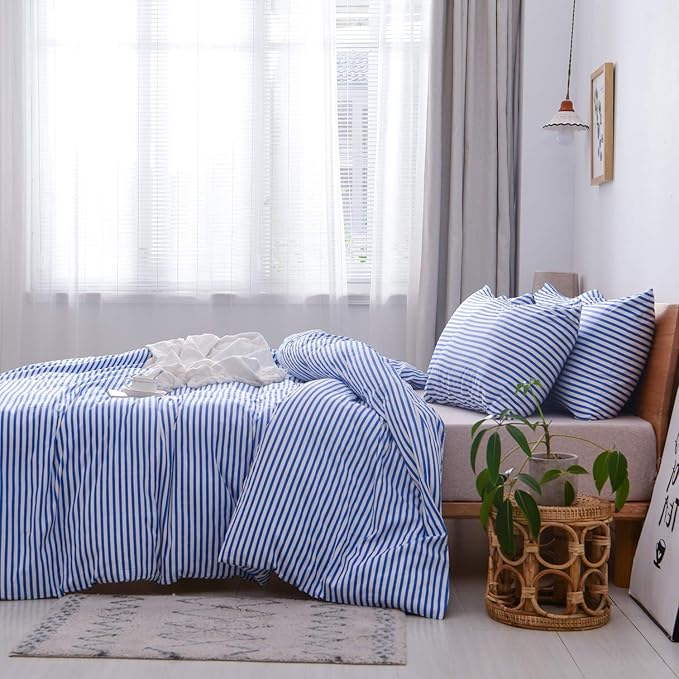 JELLYMONI 100% Natural Cotton 3pcs Striped Duvet Cover Sets,White Duvet Cover with Blue Stripes Pattern Printed Comforter Cover,with Zipper Closure & Corner Ties(Queen Size)