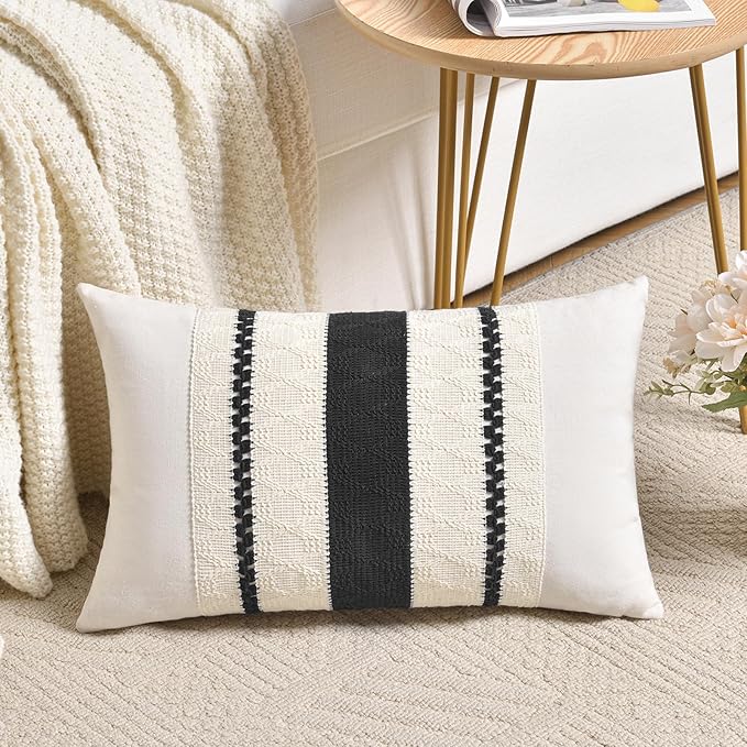 Fancy Homi Set of 2 Boho Black Long Lumbar Decorative Throw Pillow Cover 12x24 Inch for Couch Bed Sofa Chair, Modern Organic Farmhouse Home Decor, Soft Cotton Cute Accent Rectangle Cushion Case