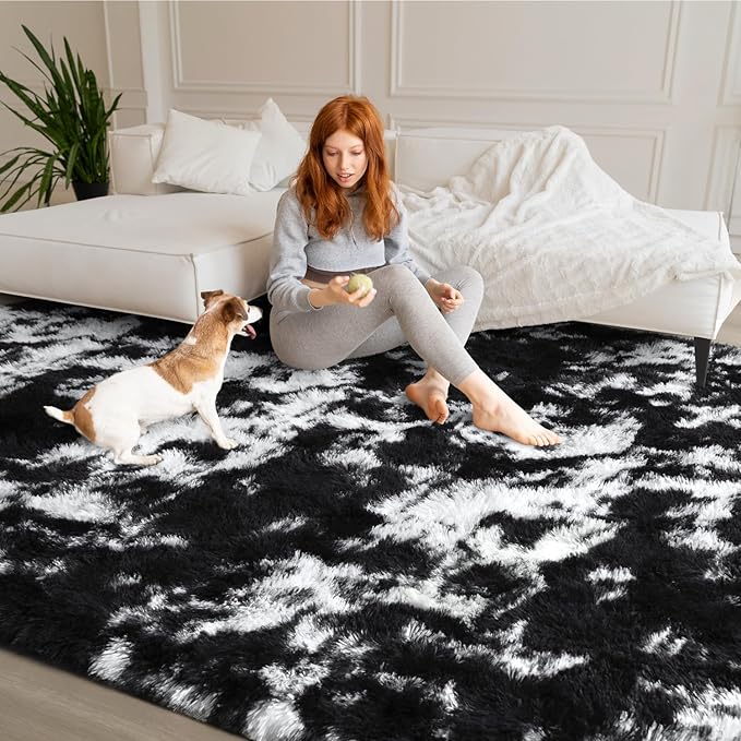 EVOIONOS Area Rug for Bedroom Living Room, Machine Washable 5x7 Fluffy Shag Rug, Soft Plush Non Slip Carpet for Indoor Floor Bedside Nursery Kids Room, Home Decor Aesthetic, Tie-Dyed Black and White