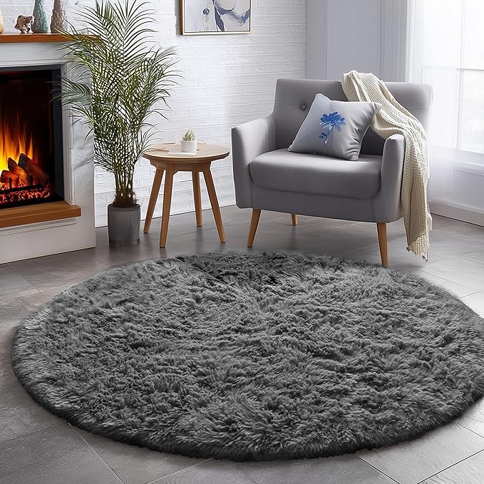 Grey Round Rugs 5Ft for Living Room Bedroom Aesthetic, Fluffy Fuzzy Shag Shaggy Circle Area Rug for Kids Room Decor, Furry Soft Plush Indoor Floor Gray Carpet for Baby Nursery Preppy Dorm Home Office