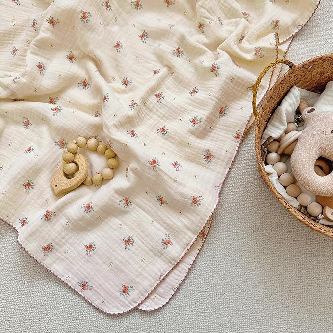 BuLuTu Toddler Blanket Muslin Cotton Baby Blanket Soft Nursery Bed Blankets Shabby Chic Crib Blanket Baby Boys Girls Swaddle Blankets,4-Layer Large Cotton Quilt Blankets,Berry Pattern,47"x51"
