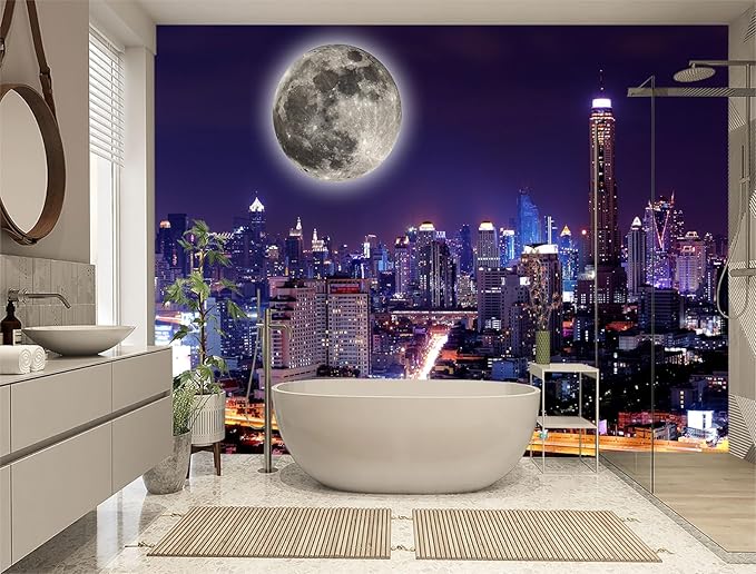 XMPMBM-City Night View The Moon Nursery Room Fabric Wallpaper Living Room Bedroom Bathroom Wall Mural-W 154" X H 105"（112 Square Foot）