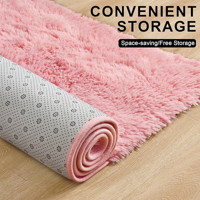 Merelax Modern Soft Fluffy Small Shaggy Rug for Bedroom Livingroom Dorm Kids Room Indoor Home Decorative, Non-Slip Plush Furry Fur Area Rugs Comfy Nursery Accent Floor Carpet 5X7 Feet,Pink