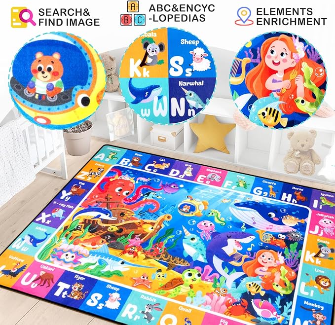 Ocean ABC Rug for Kids Playroom 3x5FT Sea Animals Kids Rugs Non-Slip Play Carpet Baby Play Mat for Floor Washable Alphabet Nursery Preschool Daycare Classroom Carpet