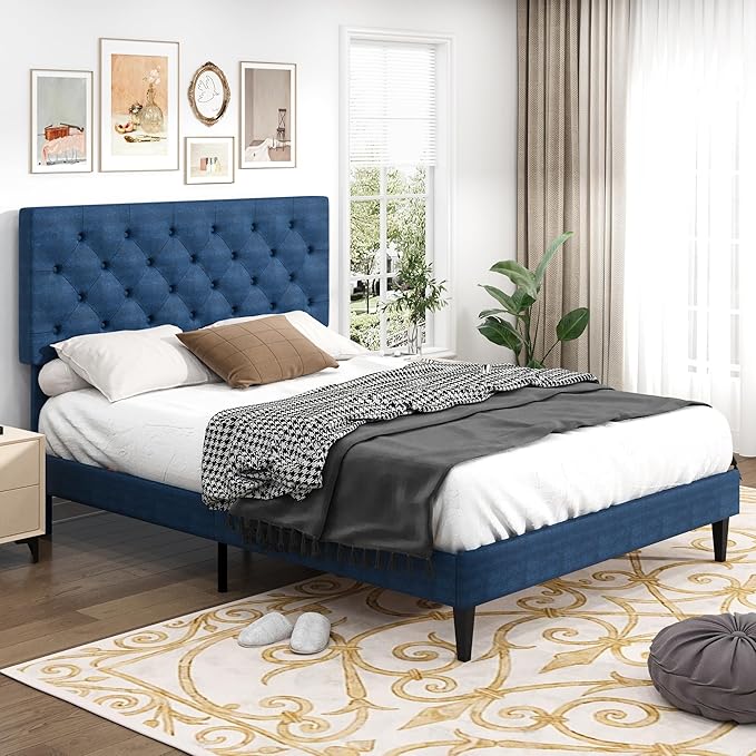BarnFurin Full Size Bed Frame with Button Tufted Headboard, Upholstered Platform Bed with Wooden Slats Support, No Box Spring Needed, Easy Assembly, Navy Blue
