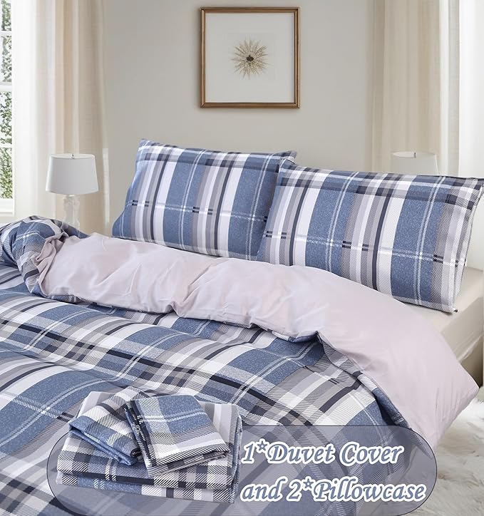 MAG 3pcs Gingham Duvet Cover Twin,Striped Duvet Cover Set,Modern Duvet Cover Set,Checkered Bedding Set,Geometric Plaid Duvet Cover,Super Soft Micrifiber (Blue, Twin)