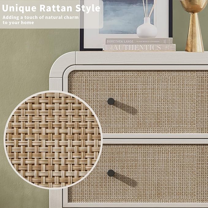 Oak&Sparrow 5 Drawer Tall Dresser for Bedroom, 47'' Rattan Dresser with Ample Storage, Boho Chest of Drawers, Thickened Curved Profile Design, Oak Dressers for Bedroom, Living Room