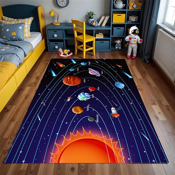 Cartoon Space Solar System Planet Area Rug,6x8ft,Outer Space Themed Rugs, Non-Slip Washable, Easy Care Rug, Suitable for Kids Playroom, Boys and Girls Room Decor