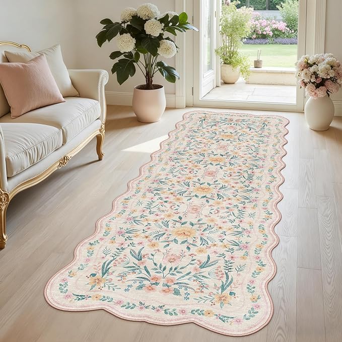 Scalloped Floral Runner Rug 2x6, Pink Washable Non-Slip Boho Hallway Rug, Soft Cute Carpet Runner for Kitchen, Bathroom, Laundry, Entryway or Bedroom