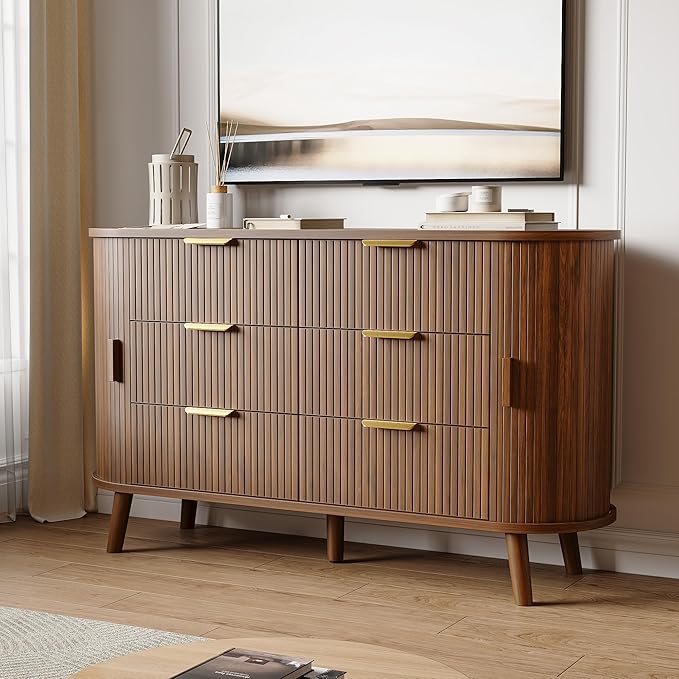 Fluted 6 Drawers Dresser, 55'' Wide Mid Century Modern Chest of Drawers with Sliding Door & Metal Handles, Curved Profile & Sturdy Legs, Wood TV Stand for Bedroom, Living Room (Walnut)