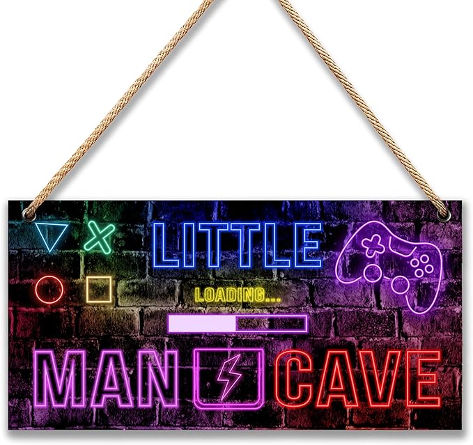 Little Man Cave, Neon Gaming Wooden Door Sign for Gamer Room Decor, Boys Decorations for Men Teenager Bedroom Nursery Playroom Wall Art - 6"x12" -A05