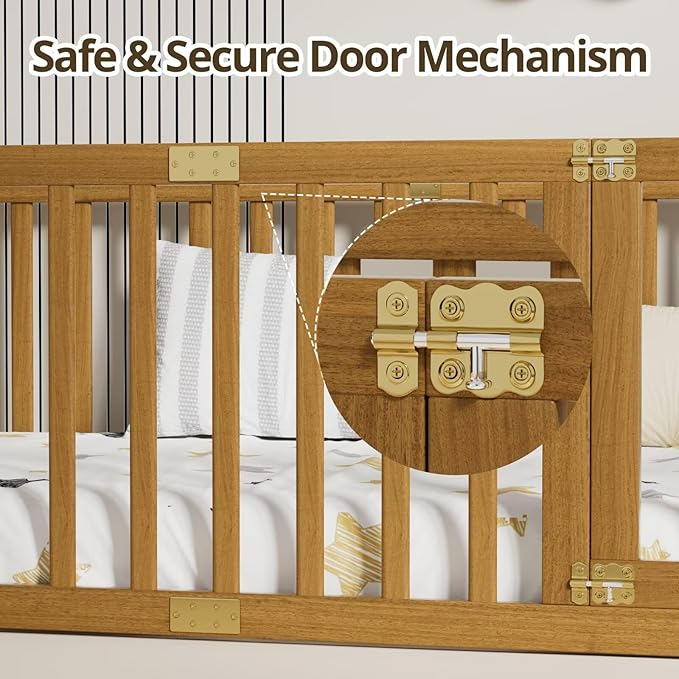 LLS Full Size Floor Bed with 21.6" High Fence for Kids Boys Girls, Solid Wood Multifunctional Montessori Bed Frame with Door, Without Slats, Light Espresso