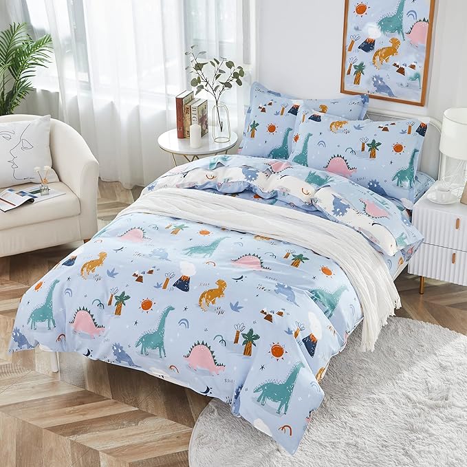 Brandream Boys Duvet Cover Twin/Twin XL Size 100% Percale Cotton 2pcs Kid's Bedding Duvet Cover Shams Set, Fun Dinosaur Print Reversible Blue Cream Beige Soft and Breathable
