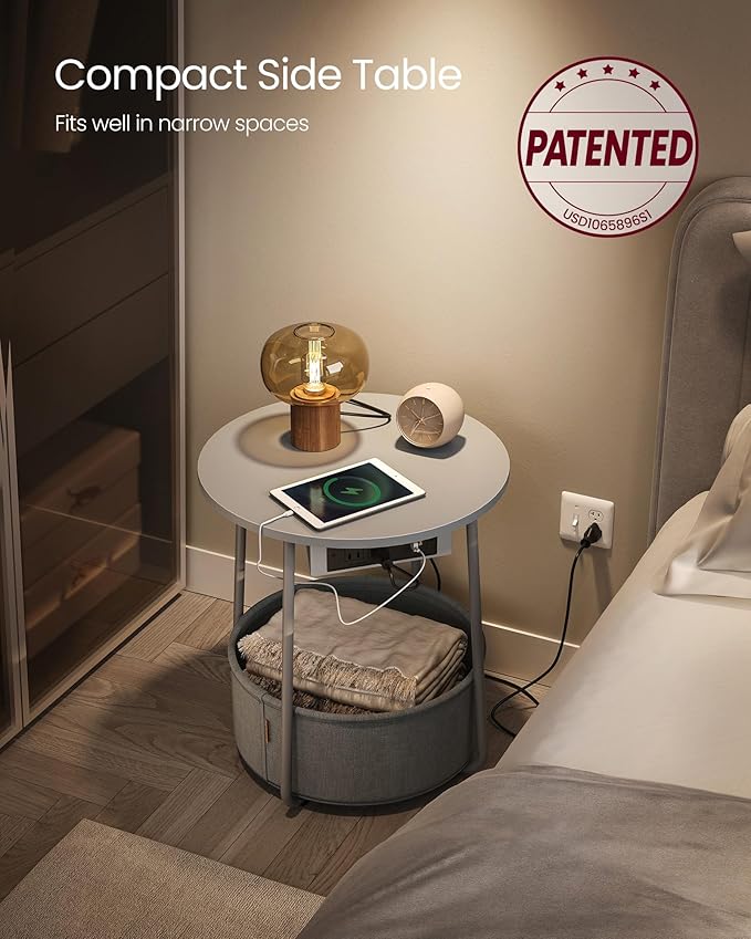 VASAGLE LILEA Collection - Side Table with Charging Station, Round End Table with Fabric Basket, Nightstand with USB Ports, for Living Room, Bedroom, Modern, Dove Gray and Slate Gray ULET228G01