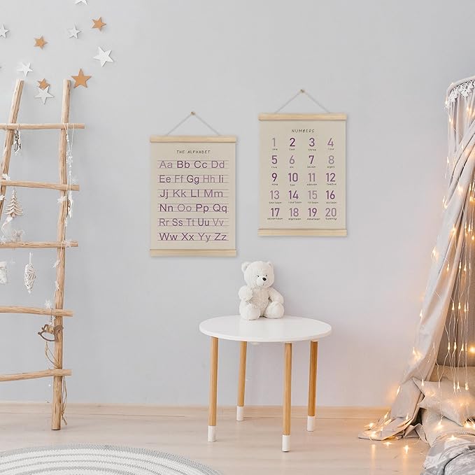 HRQKO Alphabet Numbers Poster Hanger Frame Set of 2, Girls Nursery Wall Decor, Boho ABC Poster Wall Art with Wooden Frames, Purple Alphabet Banner Wall Hanging Decor for Toddler Playroom, 12x16 Inch