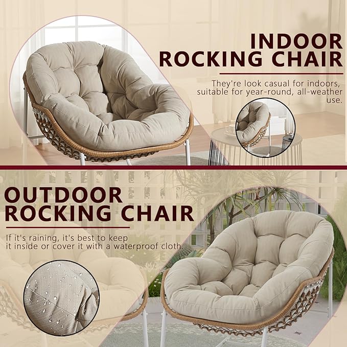 Oversized Outdoor Papasan Rocking Chair Set of 2 with Soft Cushion, Comfy Patio Egg Chair, Wicker Lounge Rocker for Balcony/Porch/Garden, Reinforced All Weather Rattan Frame, Beige and White
