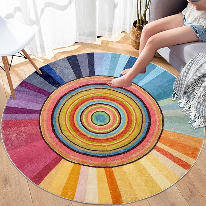 Kids Rug Circle Sun Rug 4Ft Round Modern Abstract Girls Bedroom Carpet Round Rainbow Nursery Mat Playroom Bedside Area Rug for Children Cartoon Crawling Mat for Home Decor