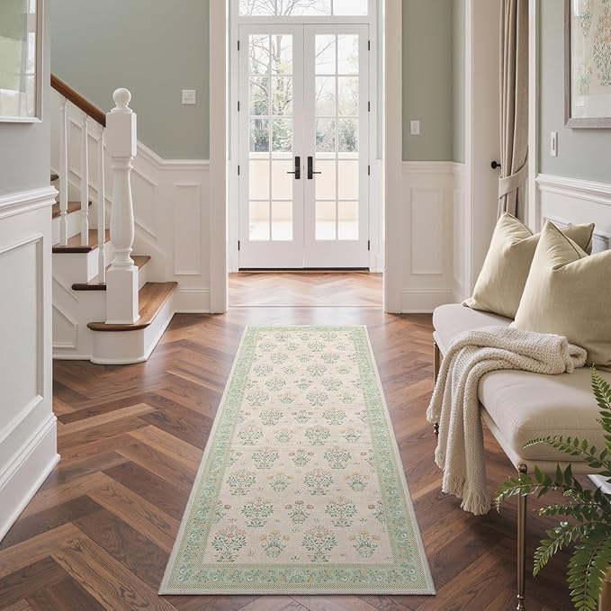 GENIMO 2x6 Vintage Floral Runner Rug, Soft Microfiber Washable Rug with Non-Slip Backing, Green Carpet for Entryway, Kitchen, Bedroom