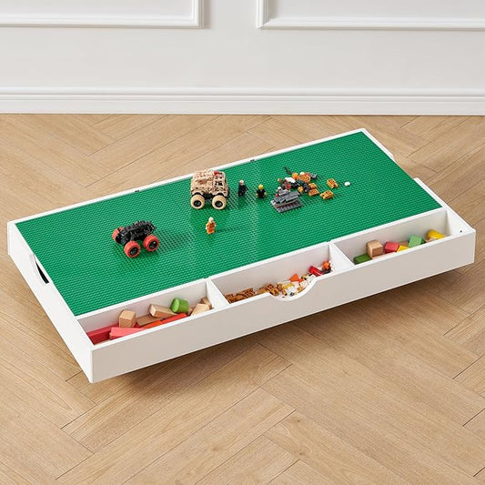 3 in 1 Construction Play Table Compatible with Lego, Kids Activity Train Table with Storage, Building Block and Train Car Conveniently Store Under Bed or Sofas