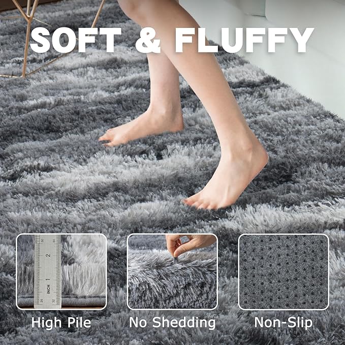 Fluffy Rugs for Bedroom Living Room, 4x6 Feet Abstract Grey Shag Area Rugs, Non-Slip Indoor Modern Fuzzy Plush Floor Carpet for Dorm Nursery Kids Room Decor, Soft Shaggy Throw Rug