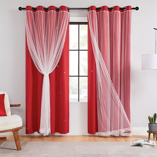 XiDi Black Out Curtains for Bedroom Windows, Girls Room Decor, Unicorn Design for Kids, Living Room - 63 Inches Long 52 Inches Wide, 2 Panel Set, Red