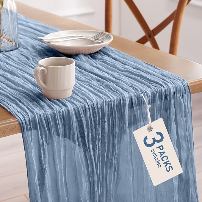 Pureegg 3-Pack Cheese Cloths Table Runner, 120'' Boho Table Cloth Decorations for Party, Baby Shower, Wedding and Farmhouse, Fabric Room Decor, Dusty Blue