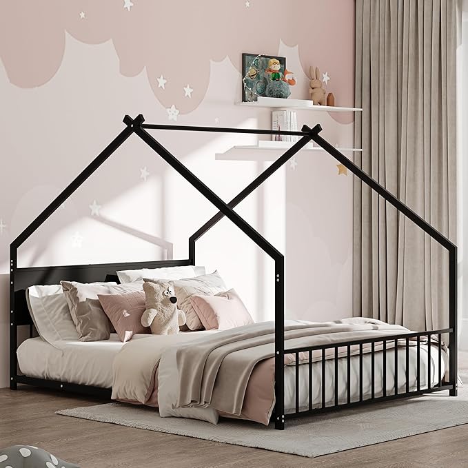 Ball & Cast Full Size Floor Bed,Low to Ground Montessori Bed with Roof & Colorful LED Lights,Toddler House Bed Frame W/Slats and Legs,No Box Spring Needed,for Girls Boys,Black